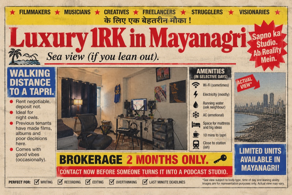Classified ad: Luxury 1RK in Mayanagri. Sea view (if you lean out). Walking distance to a tapri. Brokerage 2 months only.