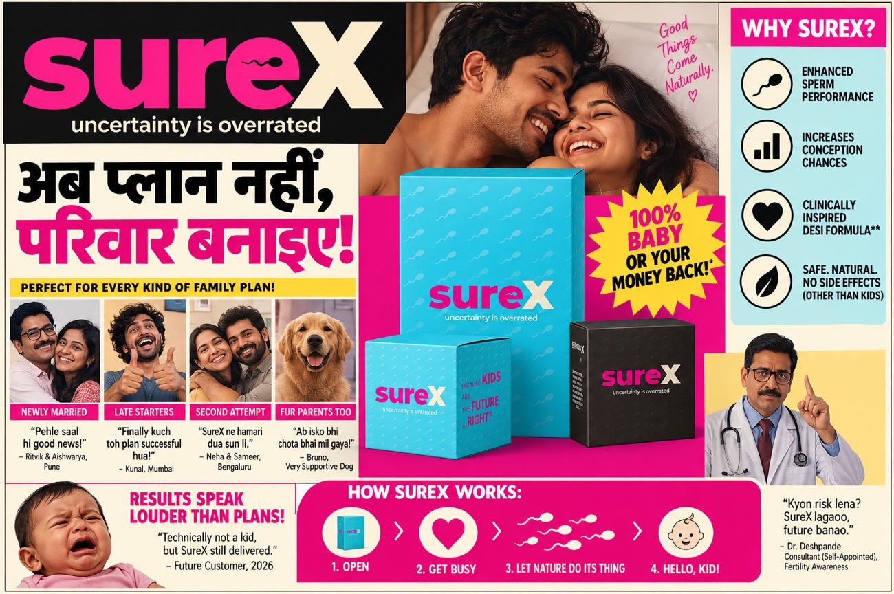Advertisement for SureX: ‘uncertainty is overrated’. Ab plan nahin, parivaar banaiye. 100% baby or your money back.